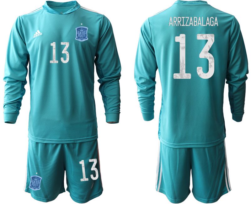 Men 2021 World Cup National Spain lake blue long sleeve goalkeeper #13 Soccer Jerseys